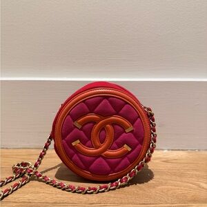 Sold-Chanel Filigree Clutch With Chain Quilted Jersey and Lambskin Pink & Orange